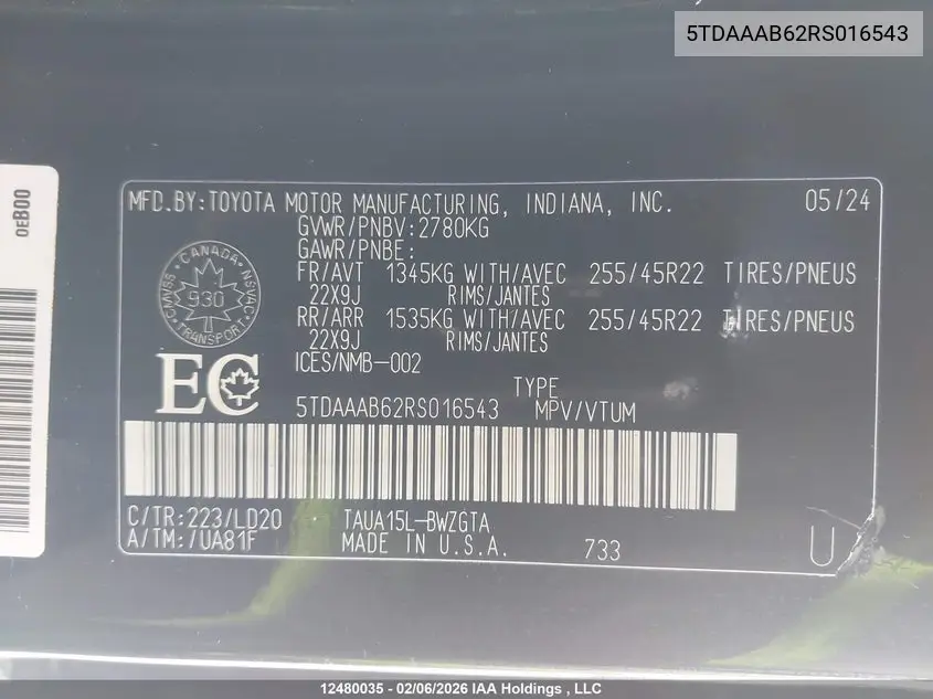 2024 Lexus Tx 350 Base/350 Premium/350 Luxury VIN: 5TDAAAB62RS016543 Lot: 12480035