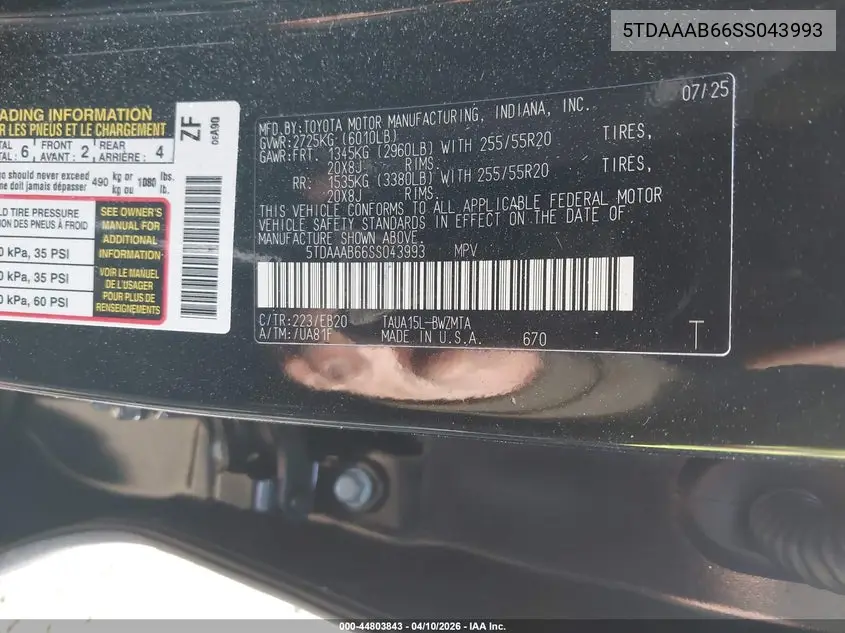 2025 Lexus Tx 350 Premium VIN: 5TDAAAB66SS043993 Lot: 44803843