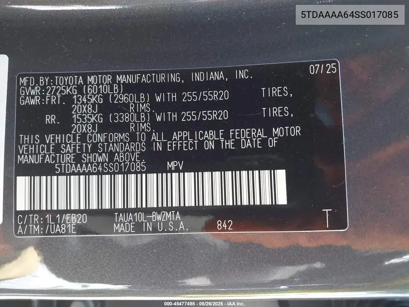 2025 Lexus Tx 350 Premium VIN: 5TDAAAA64SS017085 Lot: 45477498
