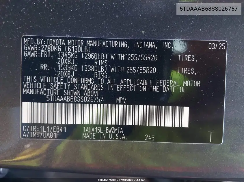 2025 Lexus Tx 350 Premium VIN: 5TDAAAB68SS026757 Lot: 45575803