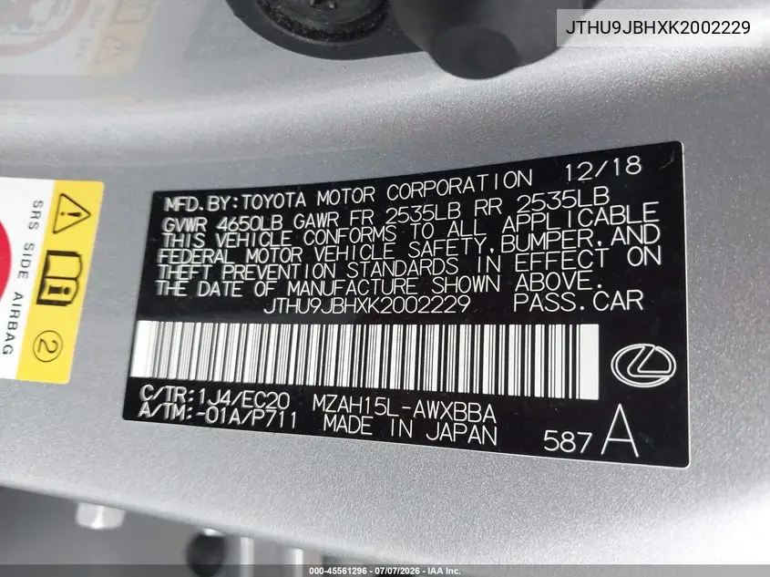 2019 Lexus Ux 250H VIN: JTHU9JBHXK2002229 Lot: 45561296