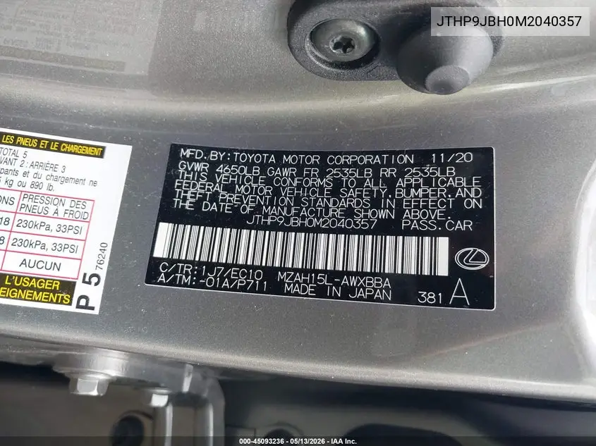 2021 Lexus Ux 250H VIN: JTHP9JBH0M2040357 Lot: 45093236