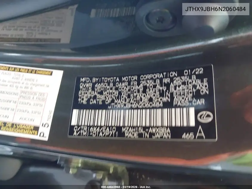2022 Lexus Ux 250H VIN: JTHX9JBH6N2060484 Lot: 44643968