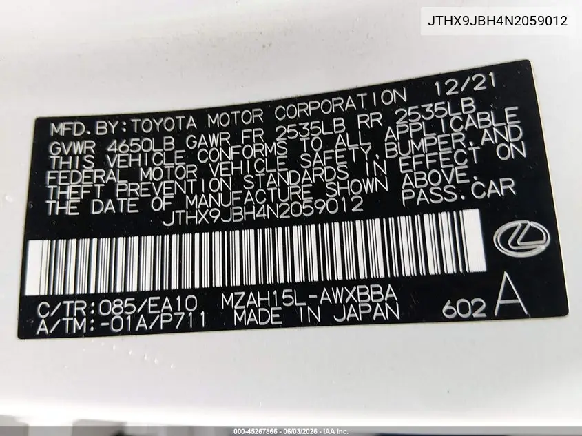 2022 Lexus Ux 250H VIN: JTHX9JBH4N2059012 Lot: 45267866