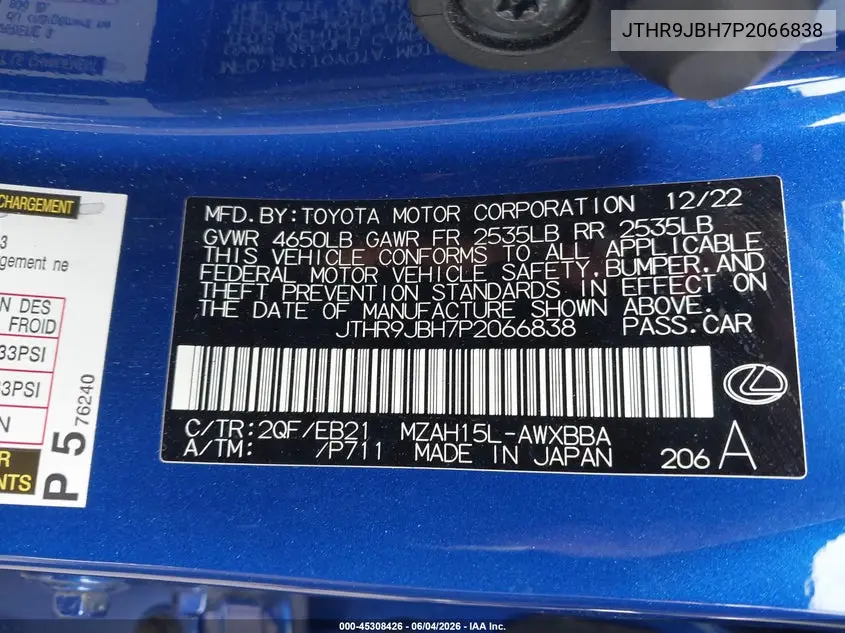 2023 Lexus Ux 250H F Sport Handling VIN: JTHR9JBH7P2066838 Lot: 45308426
