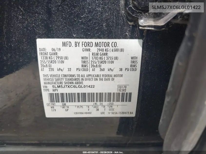 2020 Lincoln Aviator Reserve VIN: 5LM5J7XC6LGL01422 Lot: 45104751