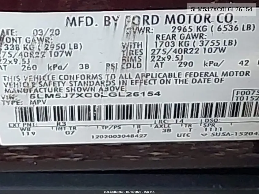 2020 Lincoln Aviator Reserve VIN: 5LM5J7XC0LGL26154 Lot: 45368269