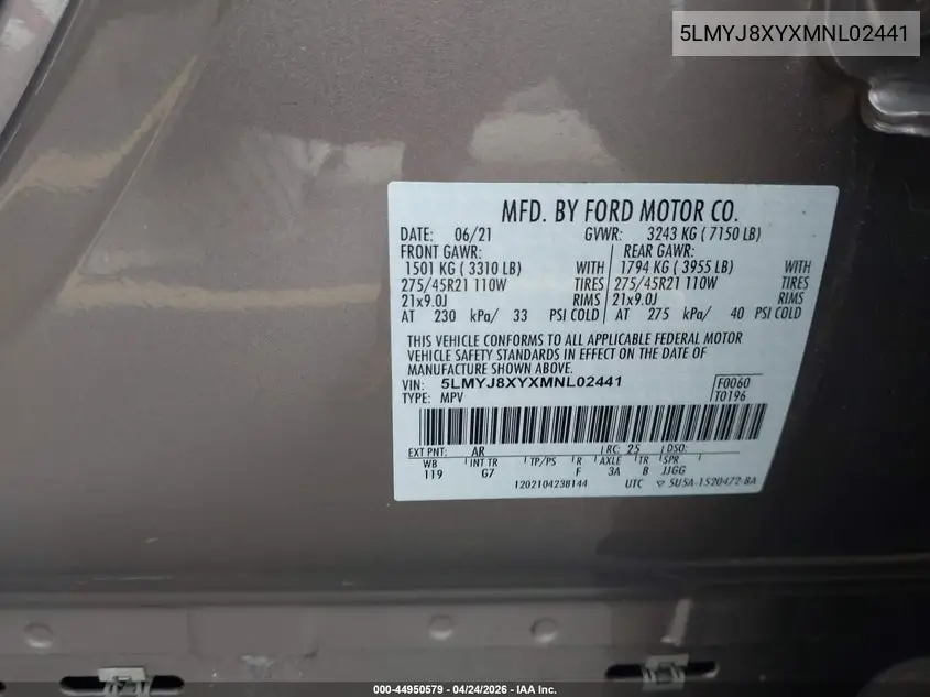 2021 Lincoln Aviator Grand Touring VIN: 5LMYJ8XYXMNL02441 Lot: 44950579