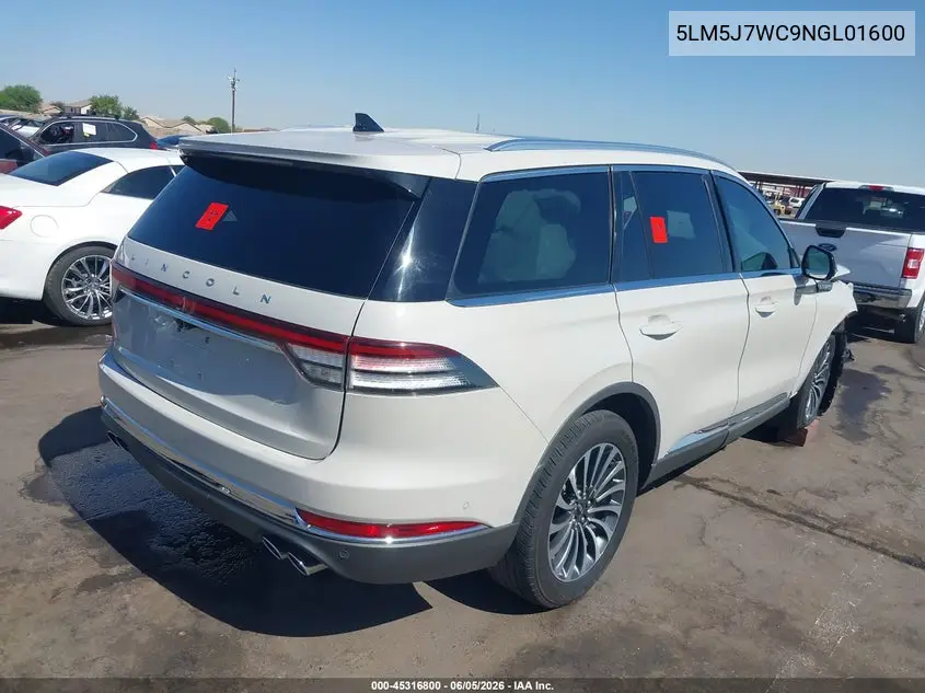 2022 Lincoln Aviator Reserve VIN: 5LM5J7WC9NGL01600 Lot: 45316800