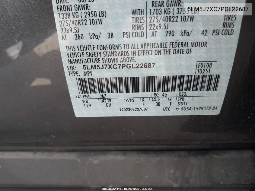 2023 Lincoln Aviator Reserve VIN: 5LM5J7XC7PGL22687 Lot: 44951116