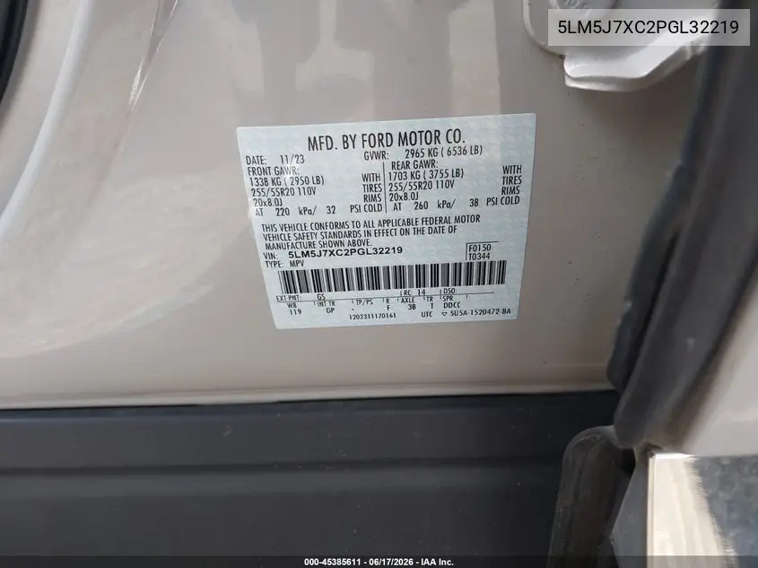 2023 Lincoln Aviator Reserve VIN: 5LM5J7XC2PGL32219 Lot: 45385611