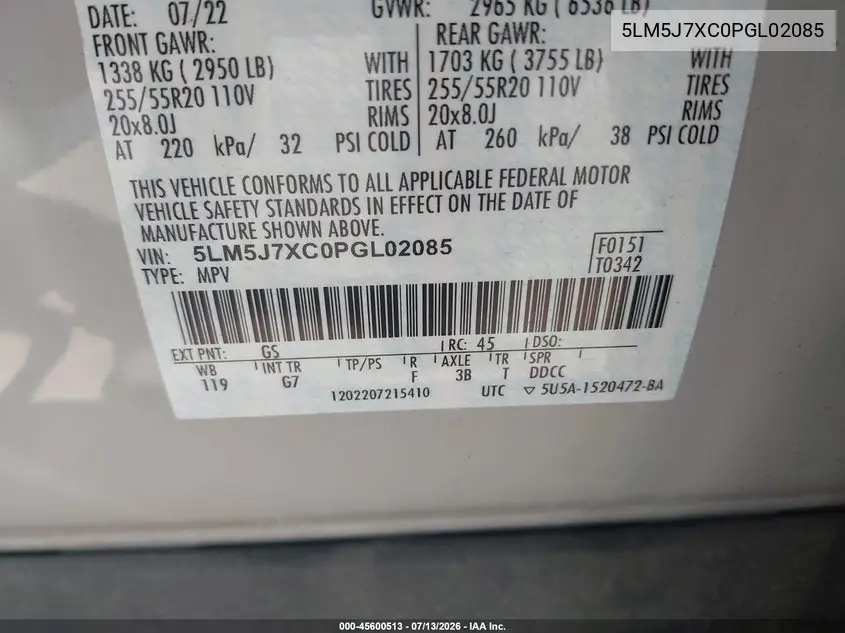 2023 Lincoln Aviator Reserve VIN: 5LM5J7XC0PGL02085 Lot: 45600513