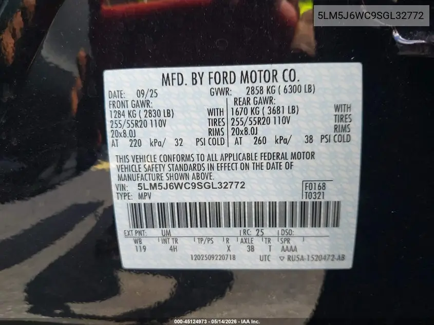 2025 Lincoln Aviator Premiere VIN: 5LM5J6WC9SGL32772 Lot: 45124973