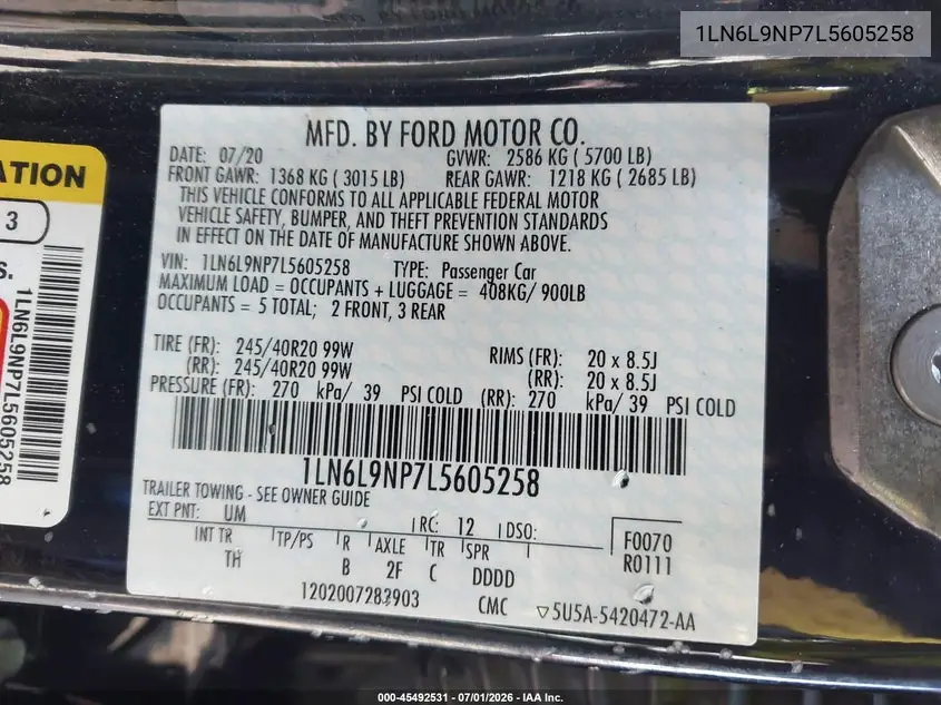 2020 Lincoln Continental Reserve VIN: 1LN6L9NP7L5605258 Lot: 45492531