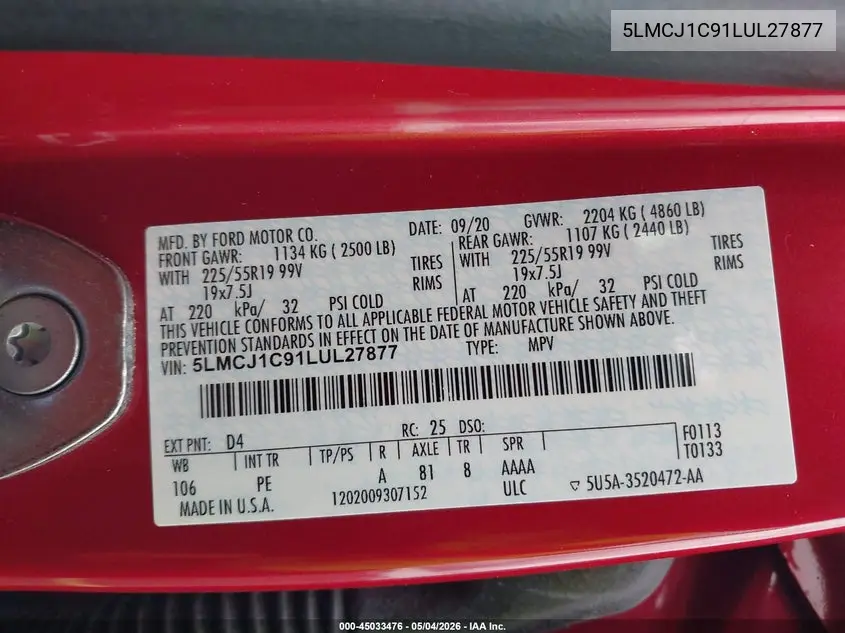 2020 Lincoln Corsair Standard VIN: 5LMCJ1C91LUL27877 Lot: 45033476