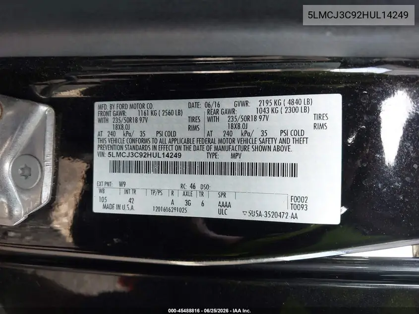 2017 Lincoln Mkc Reserve VIN: 5LMCJ3C92HUL14249 Lot: 45488816