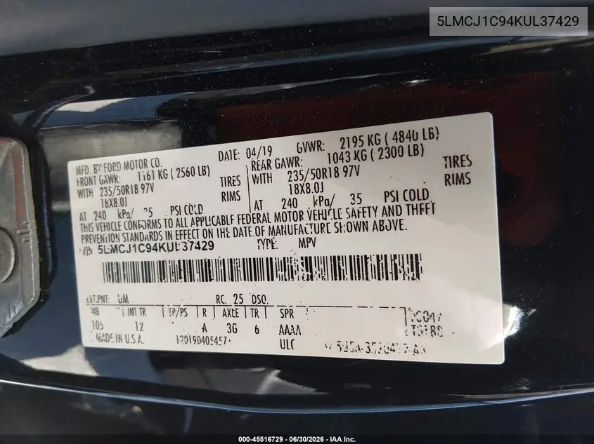 2019 Lincoln Mkc Standard VIN: 5LMCJ1C94KUL37429 Lot: 45516729
