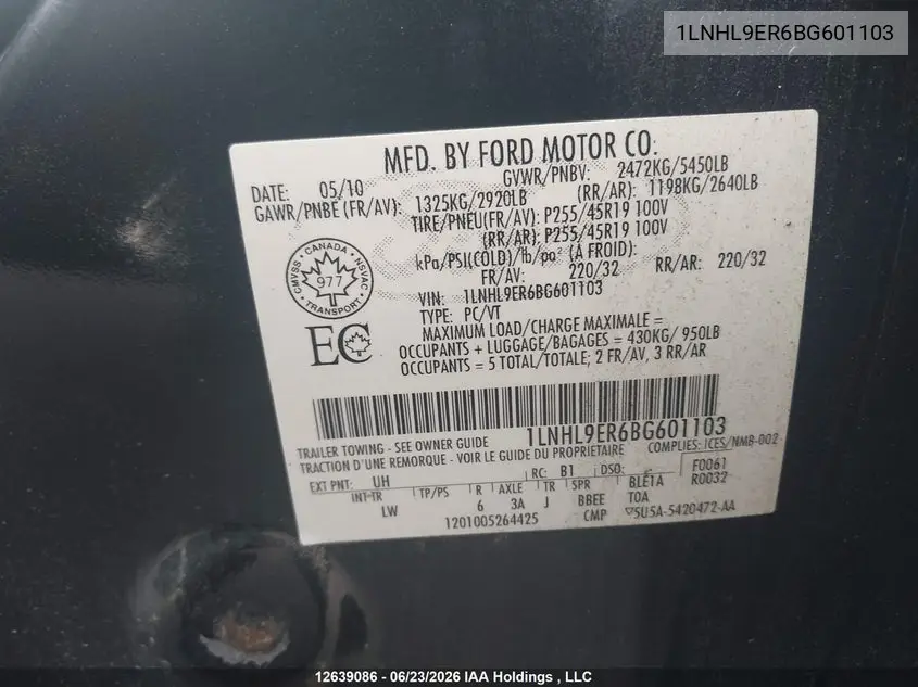 2011 Lincoln Mks VIN: 1LNHL9ER6BG601103 Lot: 12639086