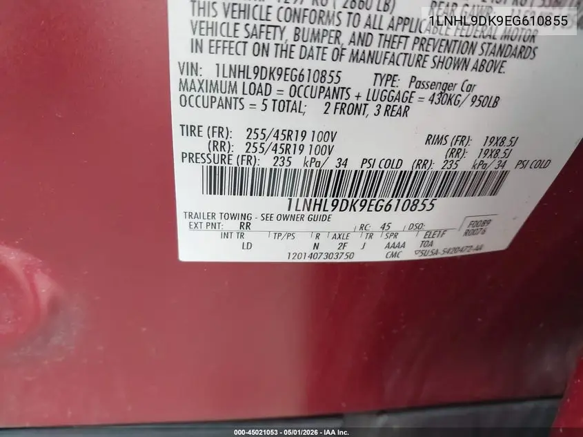 2014 Lincoln Mks VIN: 1LNHL9DK9EG610855 Lot: 45021053
