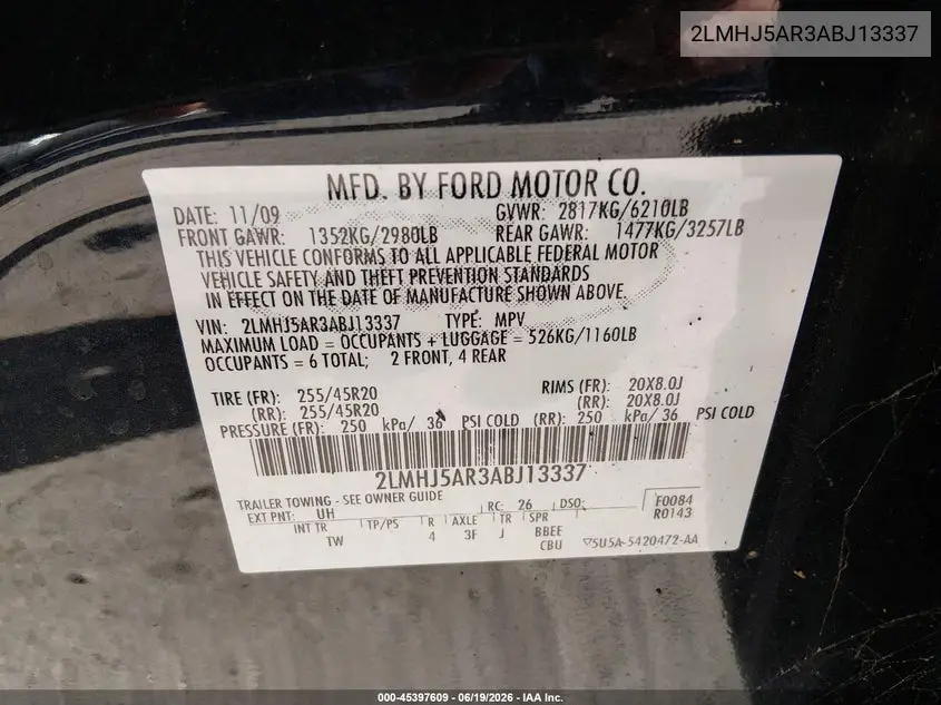 2010 Lincoln Mkt VIN: 2LMHJ5AR3ABJ13337 Lot: 45397609