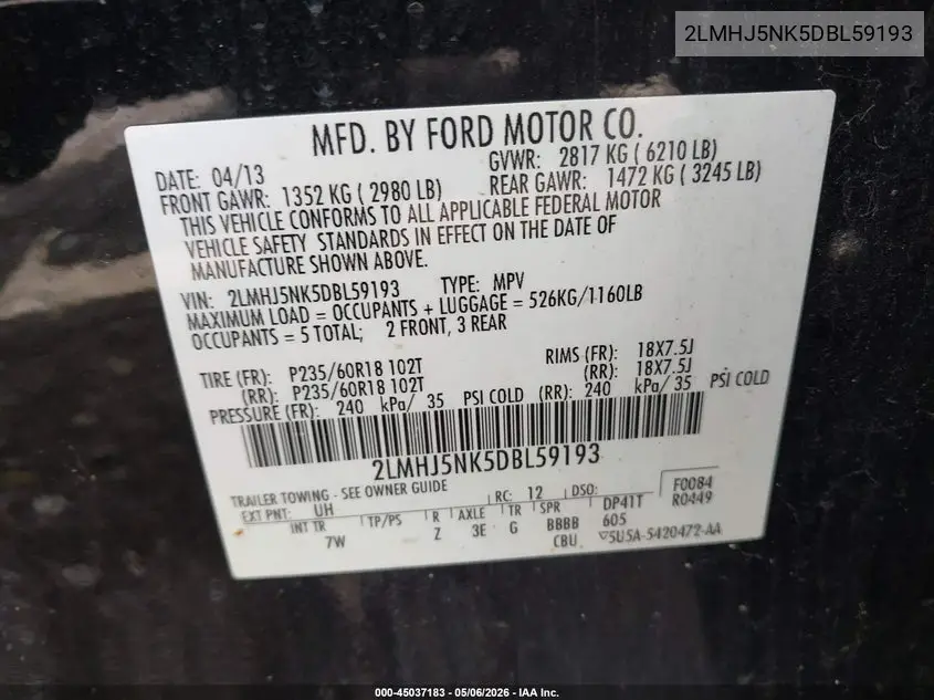 2013 Lincoln Mkt Livery VIN: 2LMHJ5NK5DBL59193 Lot: 45037183