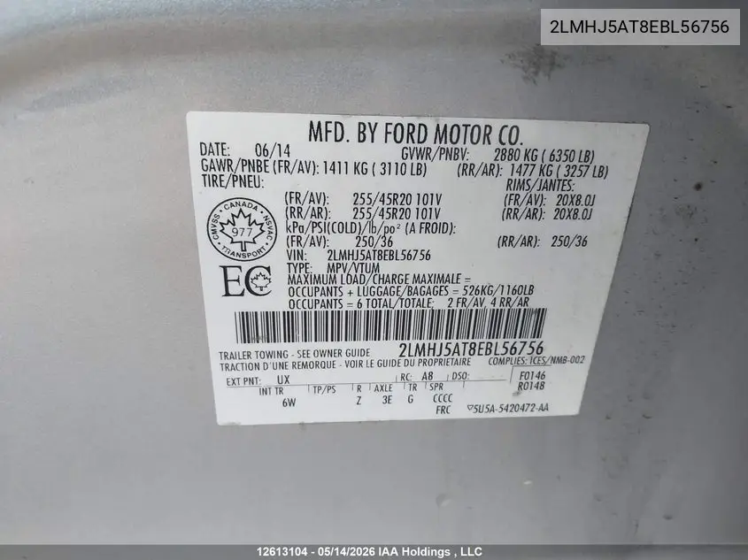2014 Lincoln Mkt VIN: 2LMHJ5AT8EBL56756 Lot: 12613104