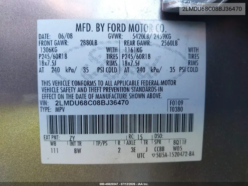 2008 Lincoln Mkx VIN: 2LMDU68C08BJ36470 Lot: 45620347