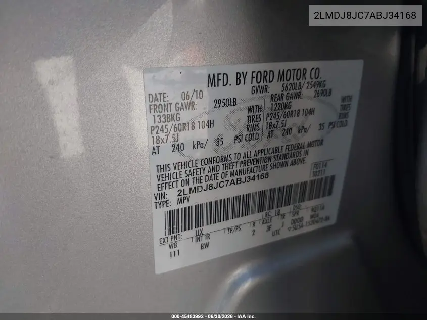 2010 Lincoln Mkx VIN: 2LMDJ8JC7ABJ34168 Lot: 45483992