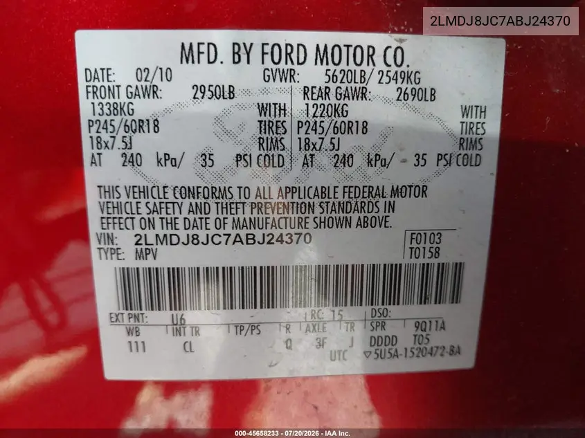 2010 Lincoln Mkx VIN: 2LMDJ8JC7ABJ24370 Lot: 45658233