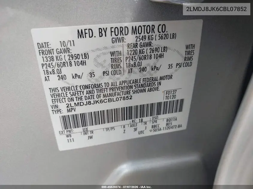 2012 Lincoln Mkx VIN: 2LMDJ8JK6CBL07852 Lot: 45520374