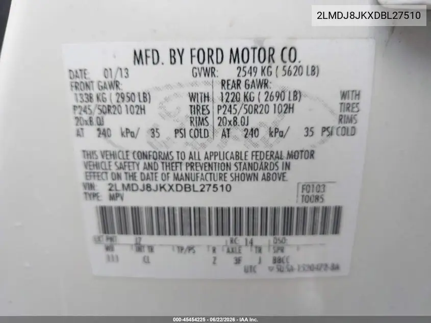 2013 Lincoln Mkx VIN: 2LMDJ8JKXDBL27510 Lot: 45454225