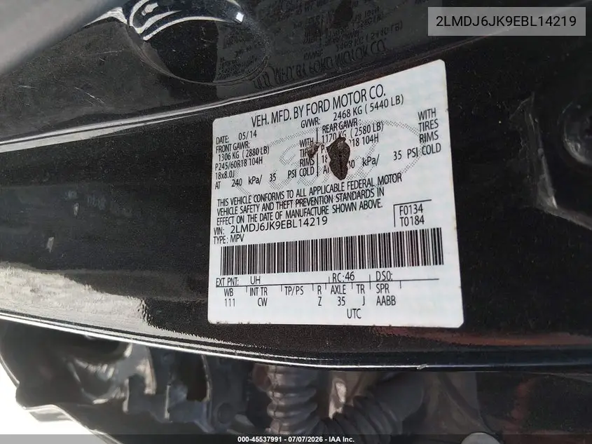2014 Lincoln Mkx VIN: 2LMDJ6JK9EBL14219 Lot: 45537991