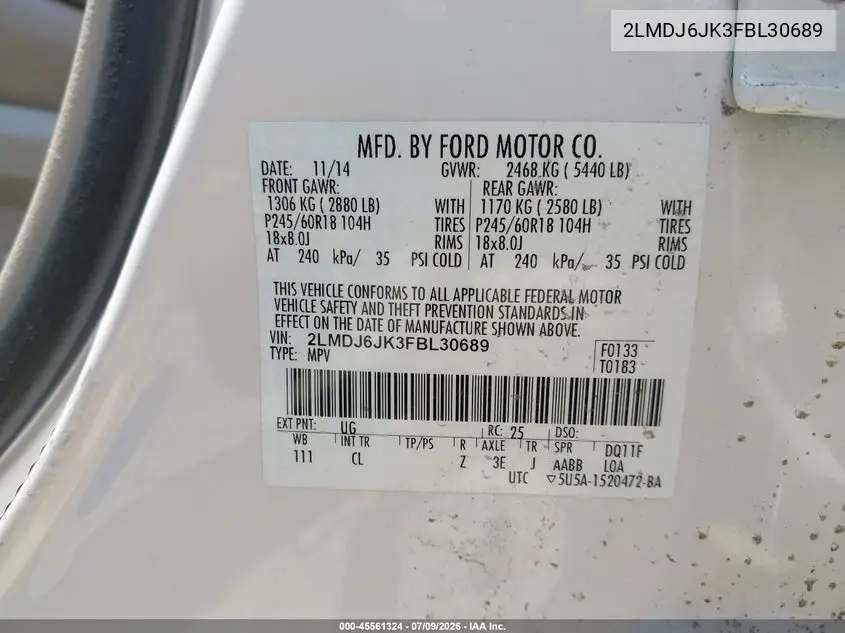 2015 Lincoln Mkx VIN: 2LMDJ6JK3FBL30689 Lot: 45561324
