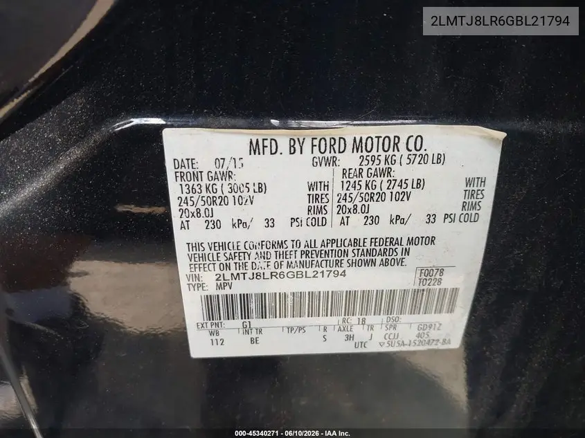 2016 Lincoln Mkx Reserve VIN: 2LMTJ8LR6GBL21794 Lot: 45340271