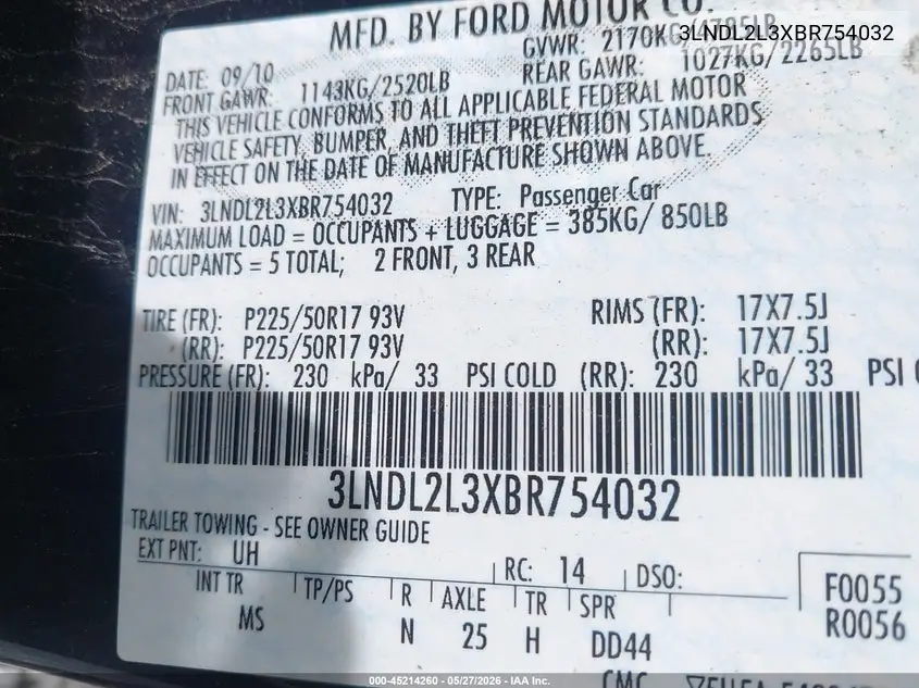 2011 Lincoln Mkz Hybrid VIN: 3LNDL2L3XBR754032 Lot: 45214260