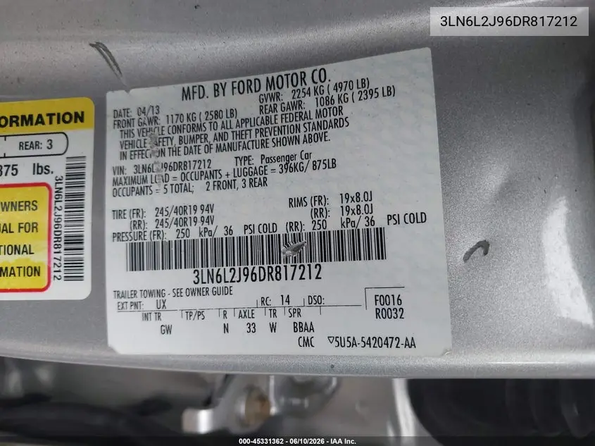 2013 Lincoln Mkz VIN: 3LN6L2J96DR817212 Lot: 45331362