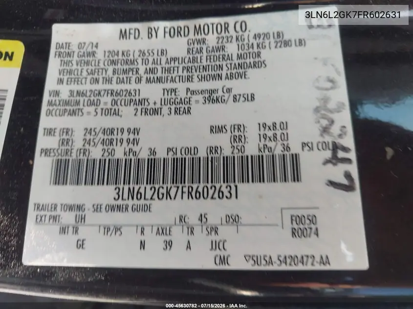 2015 Lincoln Mkz VIN: 3LN6L2GK7FR602631 Lot: 45630782