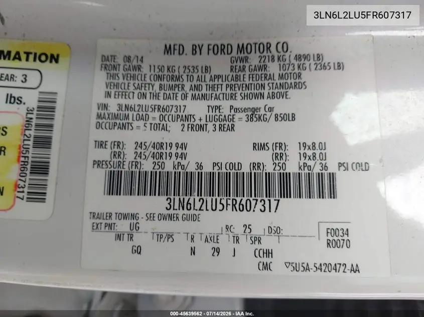 2015 Lincoln Mkz Hybrid VIN: 3LN6L2LU5FR607317 Lot: 45639562