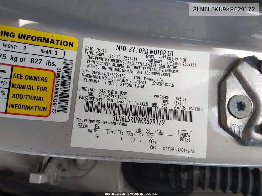 2019 Lincoln Mkz Hybrid Standard VIN: 3LN6L5KU9KR629172 Lot: 45657756