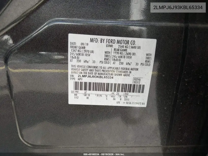 2019 Lincoln Nautilus Standard VIN: 2LMPJ6J93KBL65334 Lot: 45160334