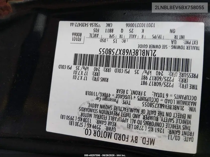 2011 Lincoln Town Car Executive L VIN: 2LNBL8EV6BX758055 Lot: 45297596