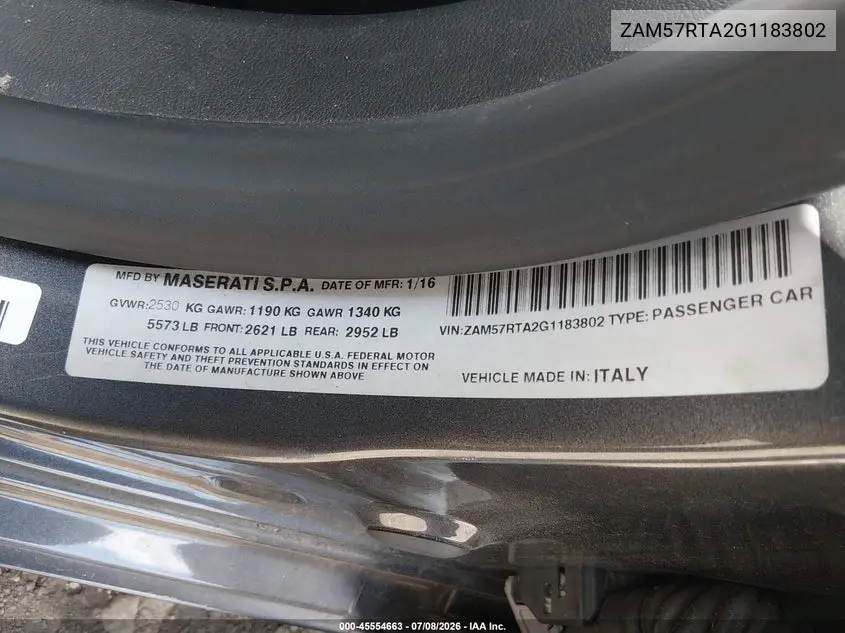 2016 Maserati Ghibli S Q4 VIN: ZAM57RTA2G1183802 Lot: 45554663