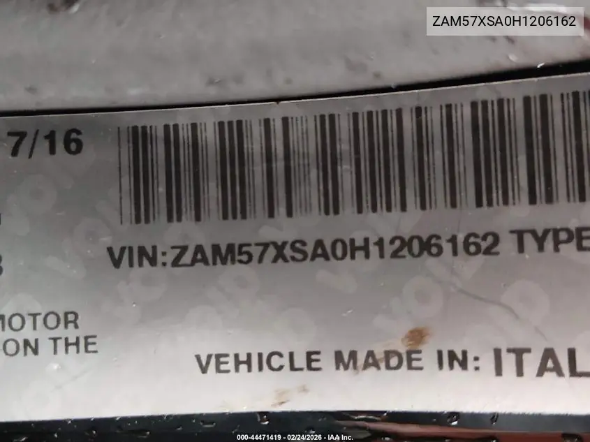 2017 Maserati Ghibli VIN: ZAM57XSA0H1206162 Lot: 44471419