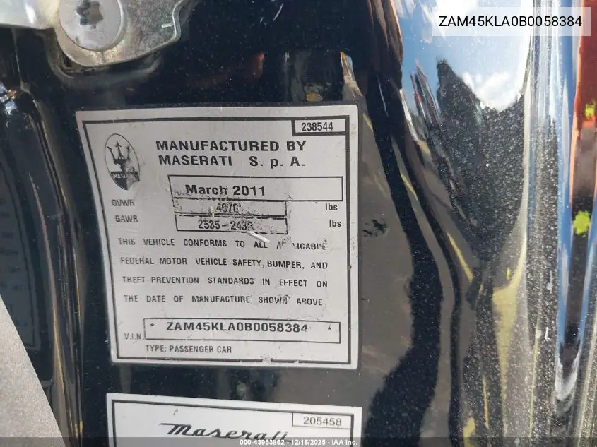 2011 Maserati Granturismo S Automatic VIN: ZAM45KLA0B0058384 Lot: 43953862