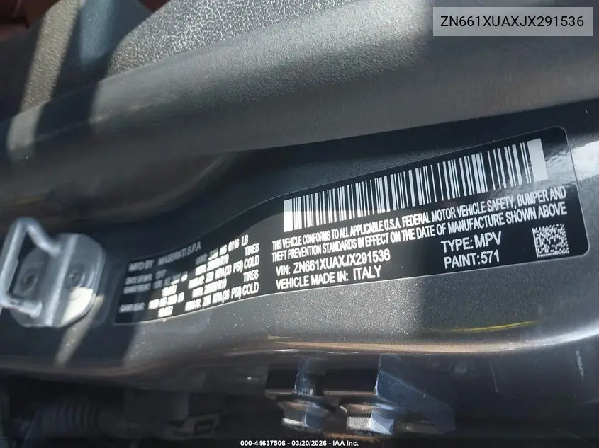 2018 Maserati Levante VIN: ZN661XUAXJX291536 Lot: 44637506