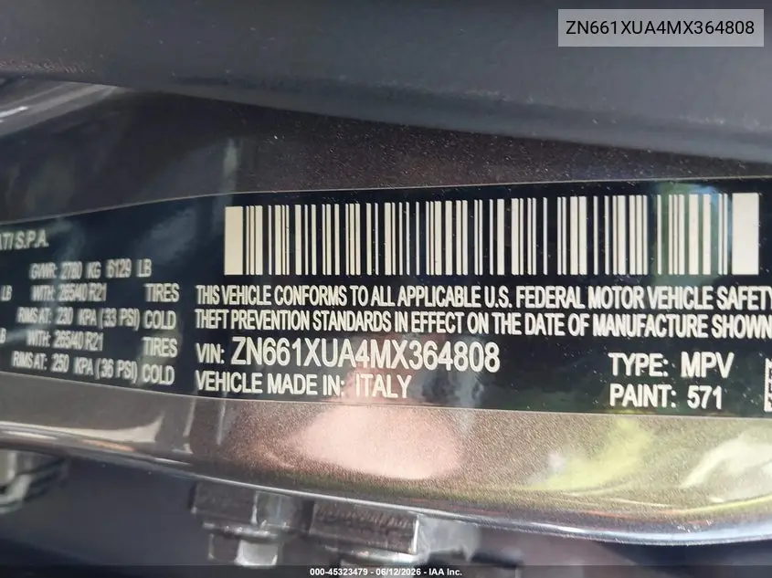 2021 Maserati Levante VIN: ZN661XUA4MX364808 Lot: 45323479