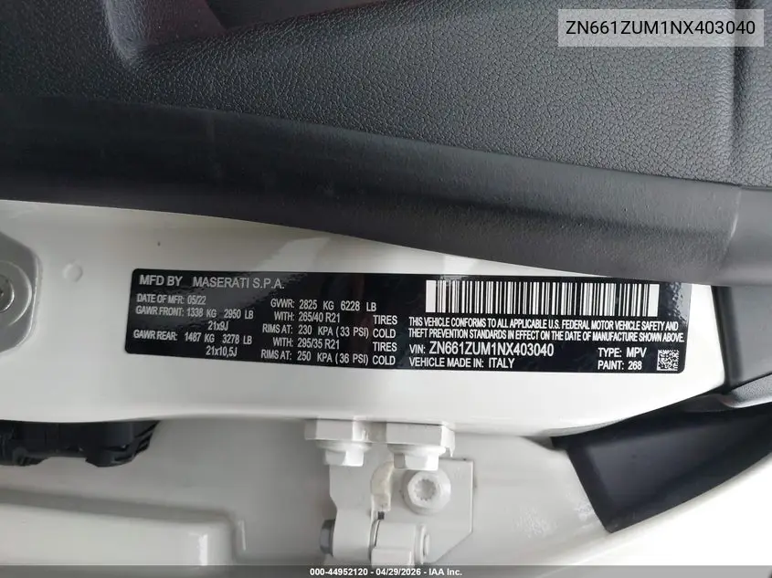 2022 Maserati Levante Modena S VIN: ZN661ZUM1NX403040 Lot: 44952120