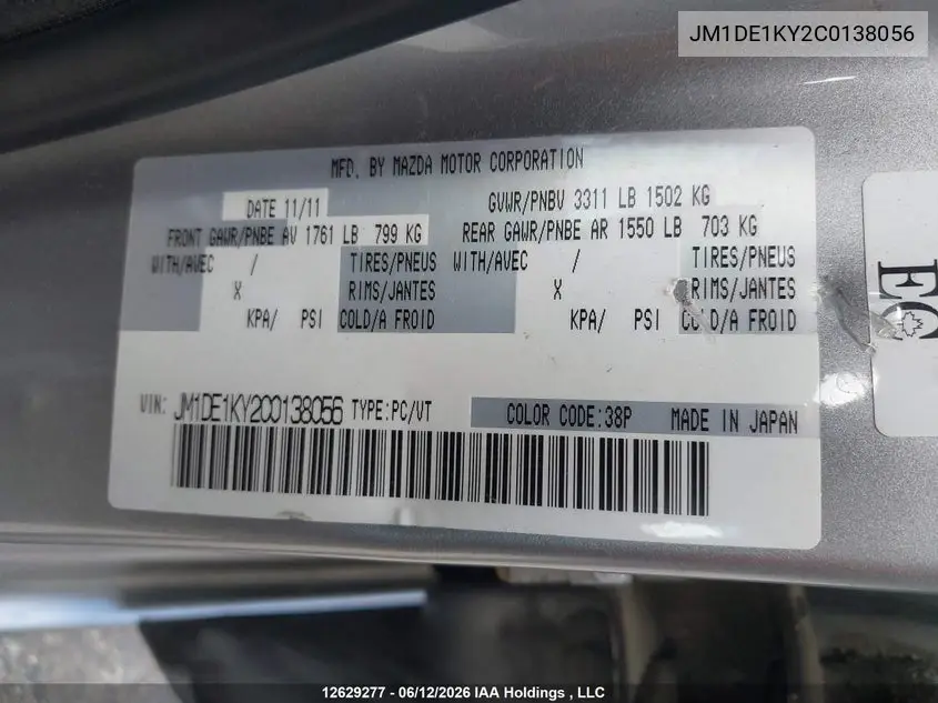 2012 Mazda Mazda2 Gx VIN: JM1DE1KY2C0138056 Lot: 12629277