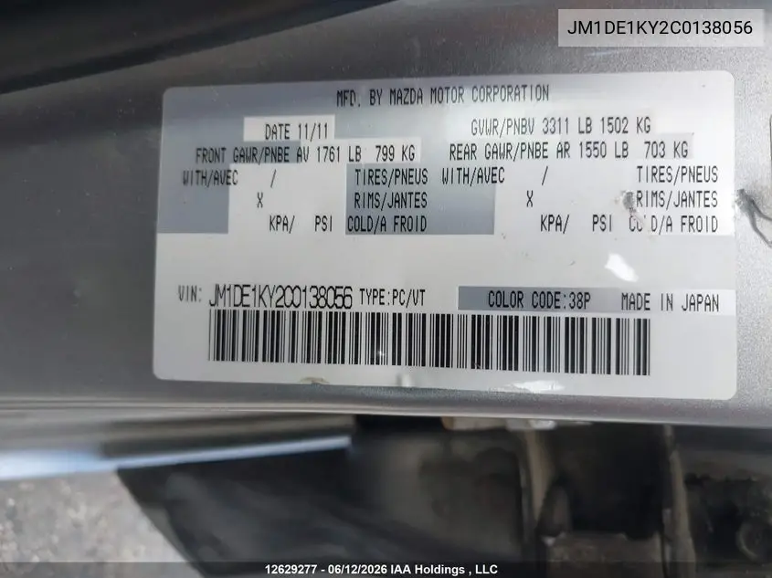 2012 Mazda Mazda2 Gx VIN: JM1DE1KY2C0138056 Lot: 12629277