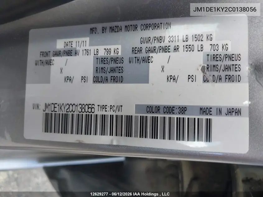 2012 Mazda Mazda2 Gx VIN: JM1DE1KY2C0138056 Lot: 12629277